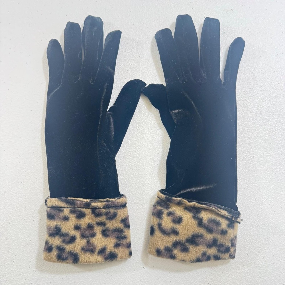 VTG Black Velvet Leopard Cuff Fold Up Gloves Elegant Evening Fashion Accessor